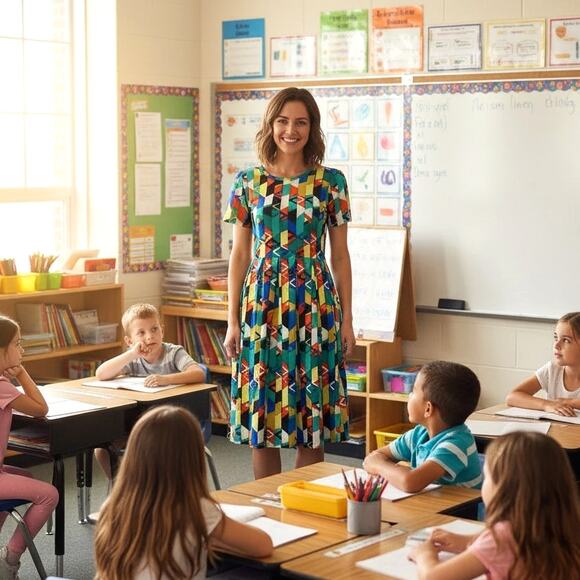 NEW LuLalRoe Amelia Dress Colorful Fit Flare Geometric Pattern Pleat Stretch XXS - Picture 2 of 16